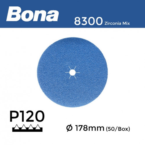 1 Box: P120 - Bona - Zirconia Mix - Anti Static Hook & Loop Sanding Discs - 178mm - 7" - (50/Box)