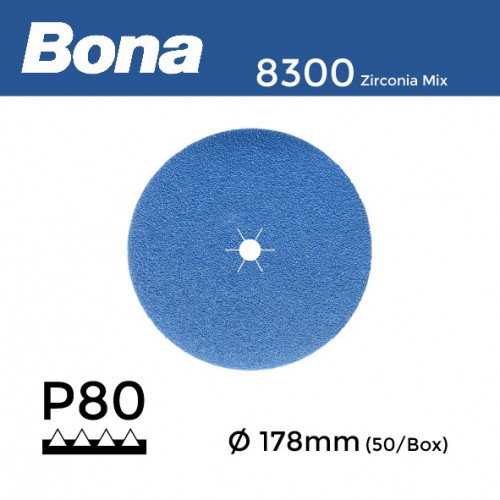 1 Box: P80 - Bona - Zirconia Mix - Anti Static Hook & Loop Sanding Discs - 178mm - 7" - (50/Box)