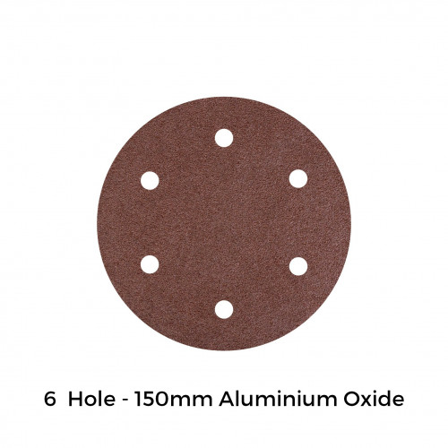 1 Box: P40 - Aluminium Oxide - Hook & Loop Sanding Discs - 6 Hole - 150mm - 6" - (50/Box)