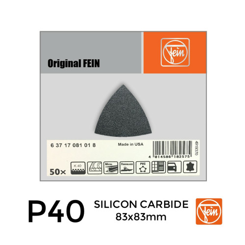 1 Box: P40 - Fein - Silicon Carbide - Triangular Delta Hook & Loop Sanding Sheets - 83mm - (50/Box)