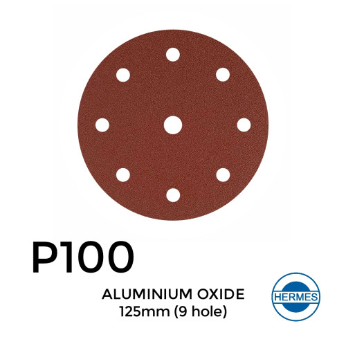 1 Box: P100 - Hermes - Aluminium Oxide - Hook & Loop Sanding Discs - 9 Hole - 125mm - 5" - (50/Box) 