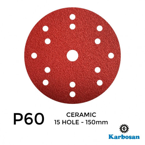 1 Box: P60 - Karbosan - Ceramic - Hook & Loop Sanding Discs - 15 Hole - 150mm - 6" - With 17mm Centre Hole - (50/Box)