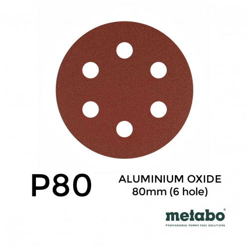 P80 - Metabo - Aluminium Oxide - Hook & Loop Sanding Discs - 6 Hole - 80mm - 3.15" - (25/pk)