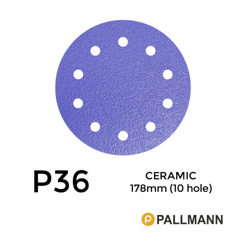 1 Box: P36 - Pallmann - Ceramic - Hook & Loop Sanding Discs - 10 Hole - 178mm - 7" - (25/Box)