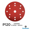 1 Box: P120 - Karbosan - Ceramic - Hook & Loop Sanding Discs - 15 Hole - 150mm - 6" - With 17mm Centre Hole - (50/Box)